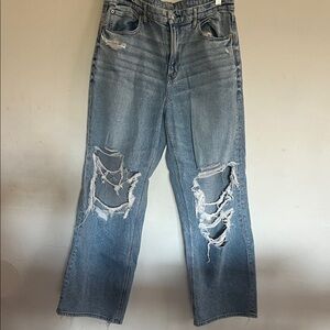 American Eagle Light Blue Distressed Straight Leg Jeans super high waist style